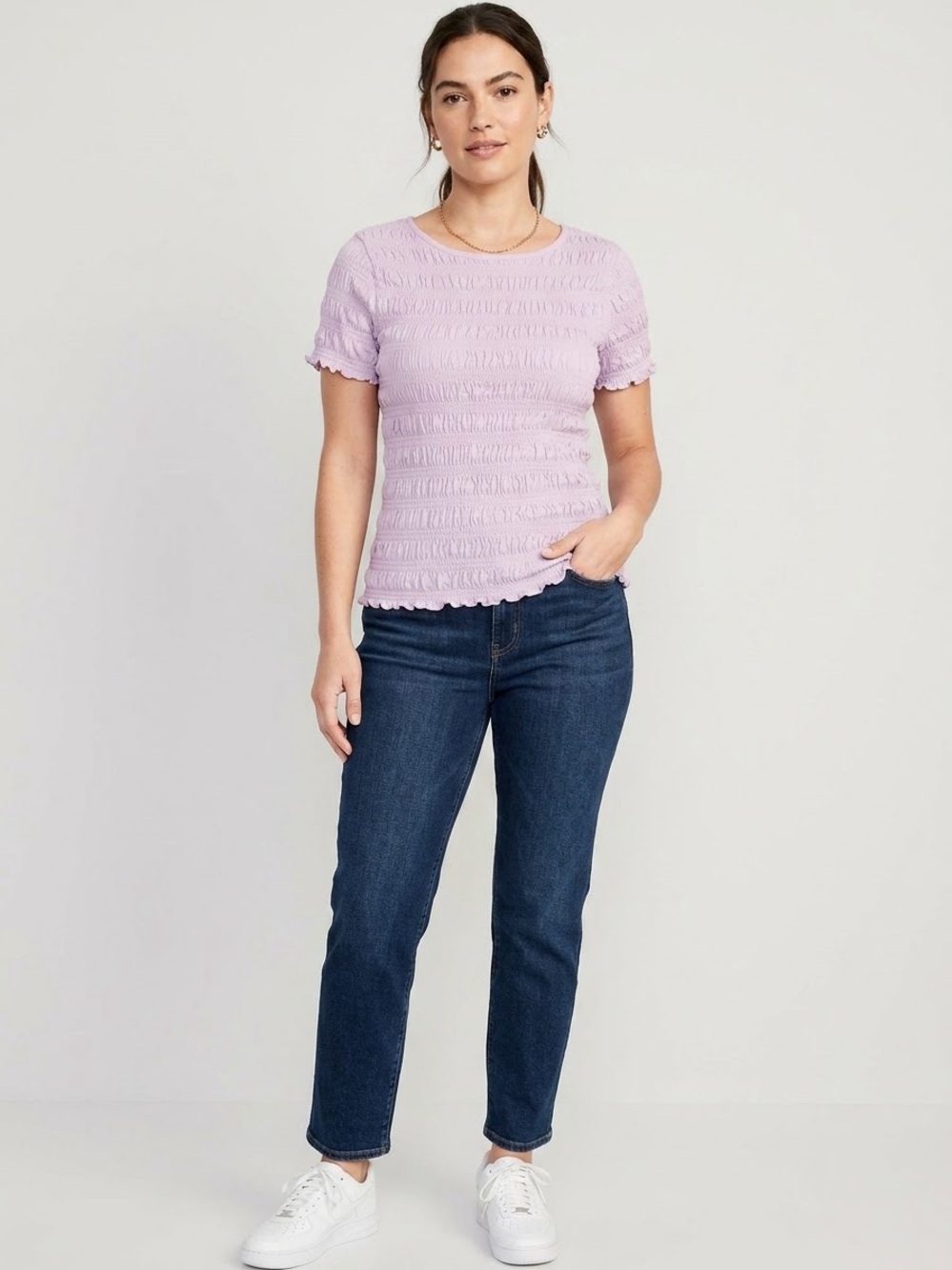 Smocked Short Sleeve Top Ruffle Lettuce Edge Fitted Crewneck T-Shirt